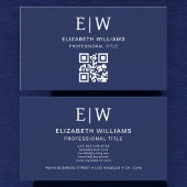 Navy Blue QR Code Monogram Minimalistisch Visitekaartje