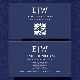 Navy Blue QR Code Monogram Minimalistisch Visitekaartje