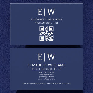 Navy Blue QR Code Monogram Minimalistisch Visitekaartje