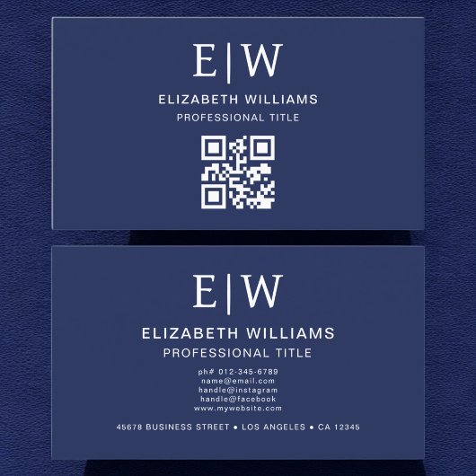 Navy Blue QR Code Monogram Minimalistisch Visitekaartje