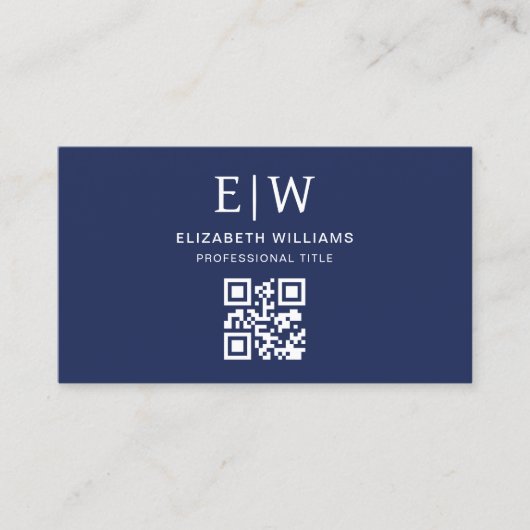 Navy Blue QR Code Monogram Minimalistisch Visitekaartje (Voorkant)