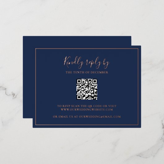 Navy Blue QR Code Wedding Folie RSVP Kaart (Voorkant / Achterkant)
