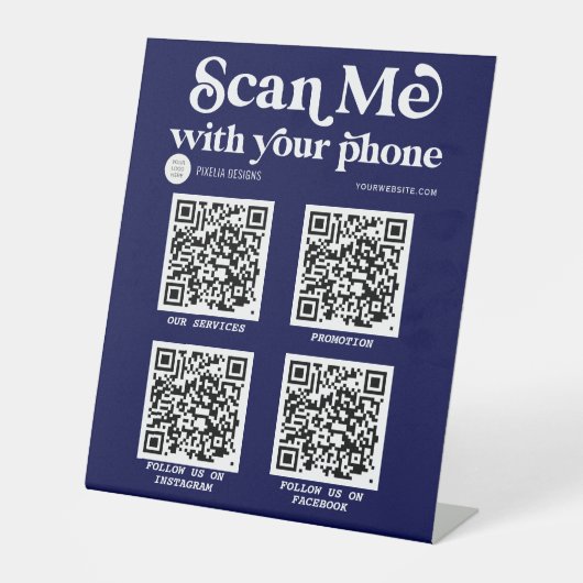 Navy Blue QR-codenetwerk Modern bedrijfsteken Reclamebord Met Voetstuk (Voorkant)