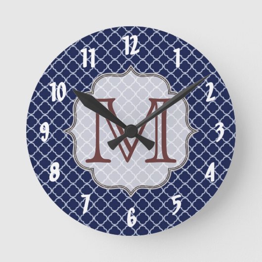 Navy Blue Quarterfoil Latti Monogram Wall klok (Voorkant)