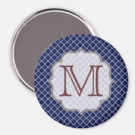 Navy Blue Quarterfoil Monogram Initiaal Magnet (Voorkant / Achterkant)