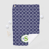 Navy Blue Quatrefoil Green Monogram Golfhanddoek (Insitu)