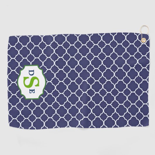 Navy Blue Quatrefoil Green Monogram Golfhanddoek (Horizontaal)