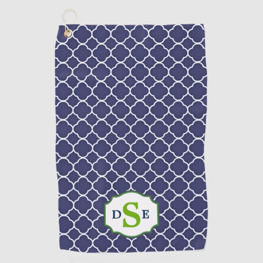 Navy Blue Quatrefoil Green Monogram Golfhanddoek (Voorkant)