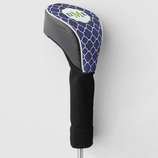 Navy Blue Quatrefoil Green Monogram Golfheadcover (Schuin)