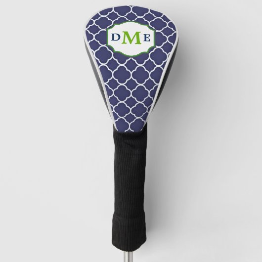 Navy Blue Quatrefoil Green Monogram Golfheadcover (Voorkant)
