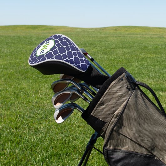 Navy Blue Quatrefoil Green Monogram Golfheadcover (Insitu)