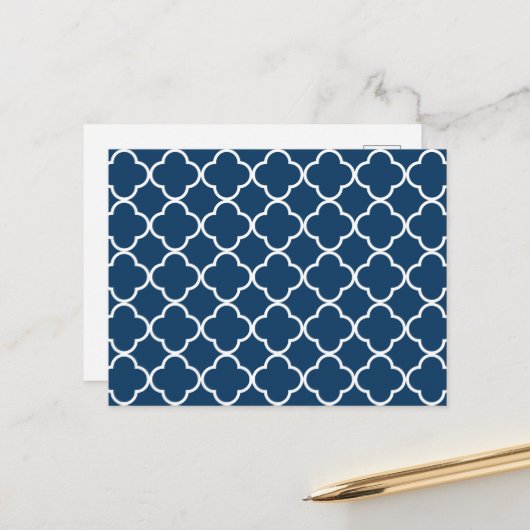 Navy Blue Quatrefoil, Latticework, Trellis Briefkaart (Voorkant / Achterkant in situ)