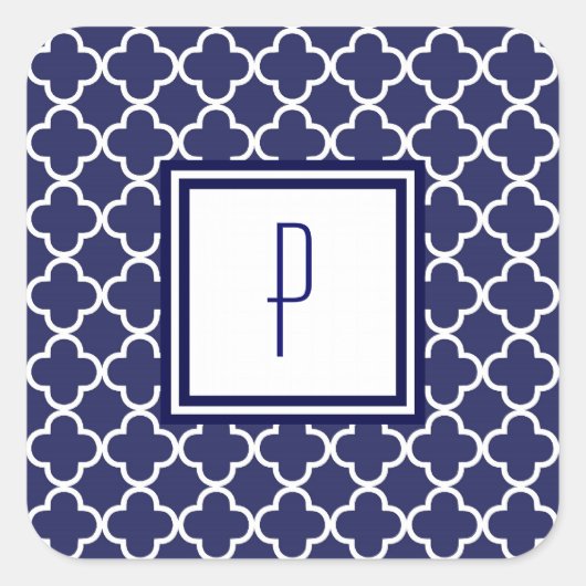 Navy Blue Quatrefoil Monogram Stickers (Voorkant)