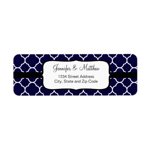 Navy Blue Quatrefoil Pattern Etiket (Voorkant)