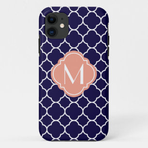 Navy Blue Quatrefoil Pattern met Monogram iPhone 11 Hoesje