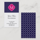Navy Blue Quatrefoil Pattern met Monogram Visitekaartje (Voorkant / Achterkant)