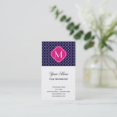 Navy Blue Quatrefoil Pattern met Monogram Visitekaartje (Staand voorkant)