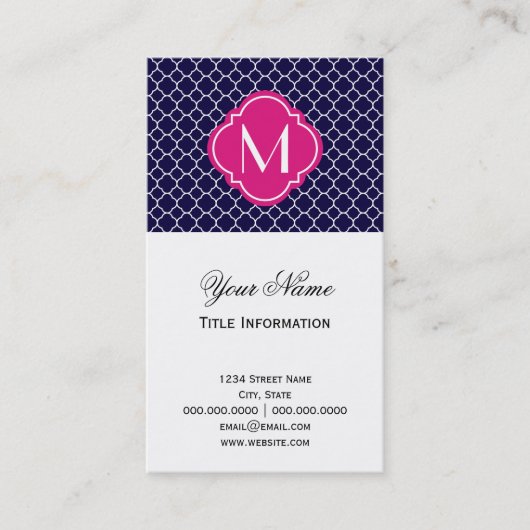 Navy Blue Quatrefoil Pattern met Monogram Visitekaartje (Voorkant)