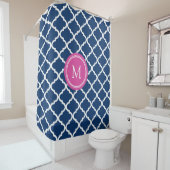 Navy Blue Quatrefoil roze Monogram Shower Curtain Douchegordijn (In situ)