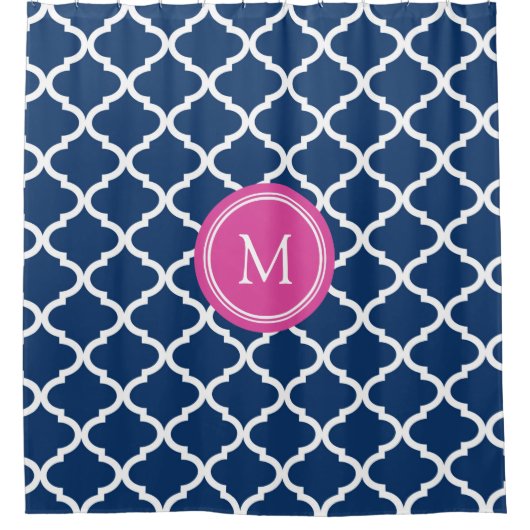 Navy Blue Quatrefoil roze Monogram Shower Curtain Douchegordijn (Voorkant)