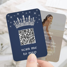 Navy Blue Quinceañera Crown & Stars QR RSVP Photo Informatiekaartje