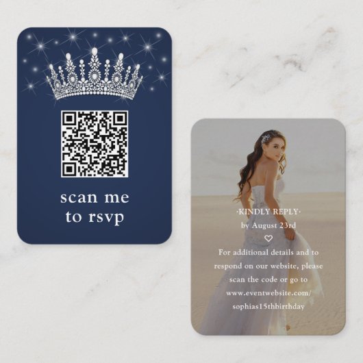 Navy Blue Quinceañera Crown & Stars QR RSVP Photo Informatiekaartje (Voorkant / Achterkant)