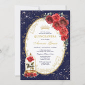 Navy Blue Quinceañera Enchanted Red Roses Party Kaart (Voorkant)