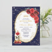 Navy Blue Quinceañera Enchanted Red Roses Party Kaart (Staand voorkant)