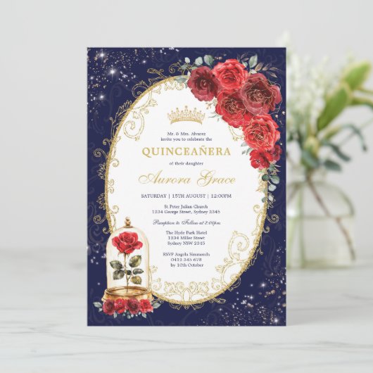 Navy Blue Quinceañera Enchanted Red Roses Party Kaart (Staand voorkant)