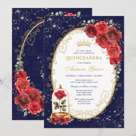 Navy Blue Quinceañera Enchanted Red Roses Party Kaart (Voorkant / Achterkant)