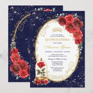 Navy Blue Quinceañera Enchanted Red Roses Party Kaart