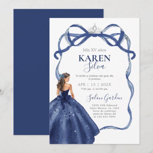 Navy Blue Quinceanera Invitation Kaart (Voorkant / Achterkant)