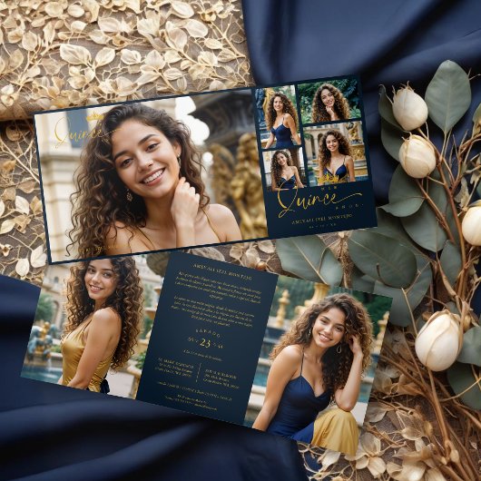"Navy Blue Quinceañera Invitations" "Trendy Quince Drieluik Uitnodiging