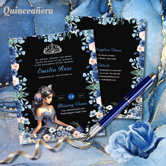 Navy Blue Quinceanera Jurk Bloemen Rozen (Creator heeft geüpload)