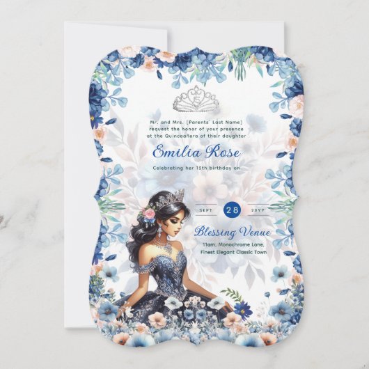 Navy Blue Quinceanera Jurk Bloemen Rozen Kaart (Voorkant)