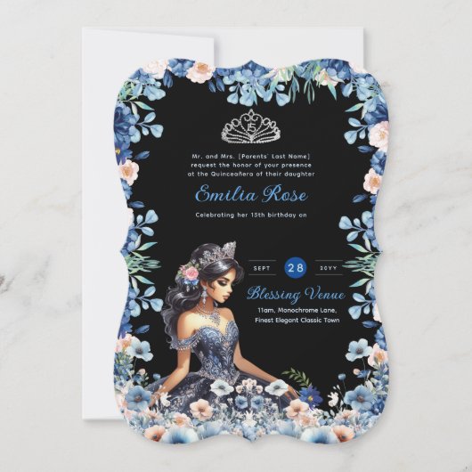Navy Blue Quinceanera Jurk Bloemen Rozen Kaart (Voorkant)