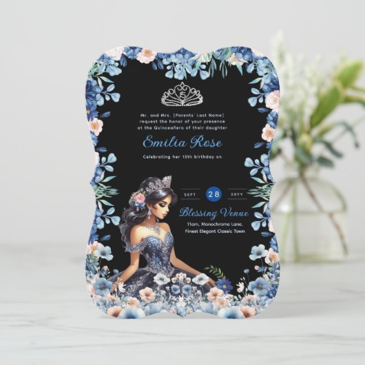 Navy Blue Quinceanera Jurk Bloemen Rozen Kaart (Staand voorkant)