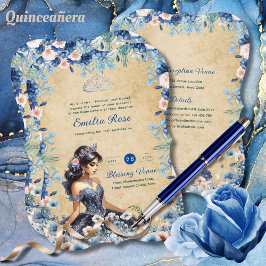 Navy Blue Quinceanera Jurk Bloemen Rozen Kaart