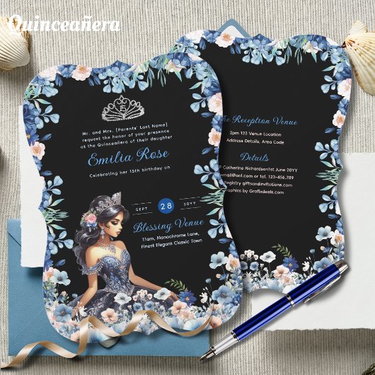Navy Blue Quinceanera Jurk Bloemen Rozen Kaart