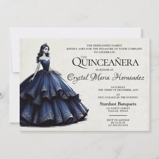 Navy Blue Quinceañera Kaart (Voorkant)