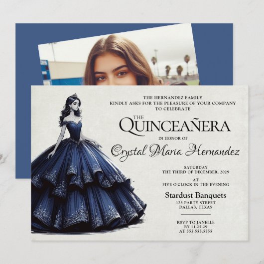Navy Blue Quinceañera Kaart (Voorkant / Achterkant)