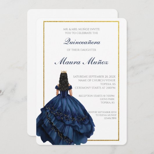 Navy blue quinceañera uitnodiging (Voorkant / Achterkant)
