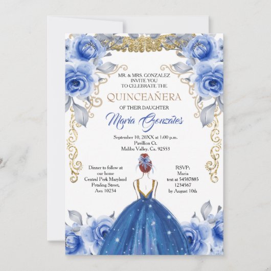 Navy Blue Quinceanera Uitnodiging (Voorkant)