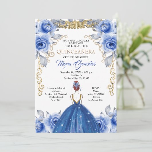 Navy Blue Quinceanera Uitnodiging (Staand voorkant)