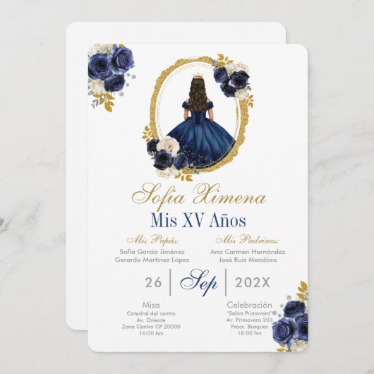 Navy blue Quinceanera Uitnodiging (Voorkant / Achterkant)