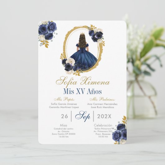 Navy blue Quinceanera Uitnodiging (Staand voorkant)