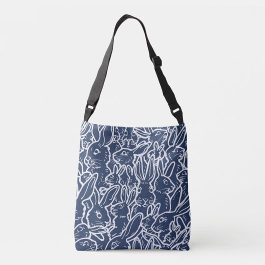 Navy Blue Rabbit Doodle Pattern Monogram  Crossbody Tas (Achterkant)