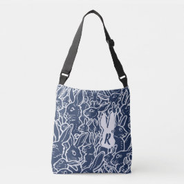 Navy Blue Rabbit Doodle Pattern Monogram  Crossbody Tas