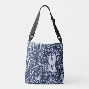 Navy Blue Rabbit Doodle Pattern Monogram Crossbody Tas