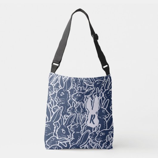 Navy Blue Rabbit Doodle Pattern Monogram Crossbody Tas (Voorkant)
